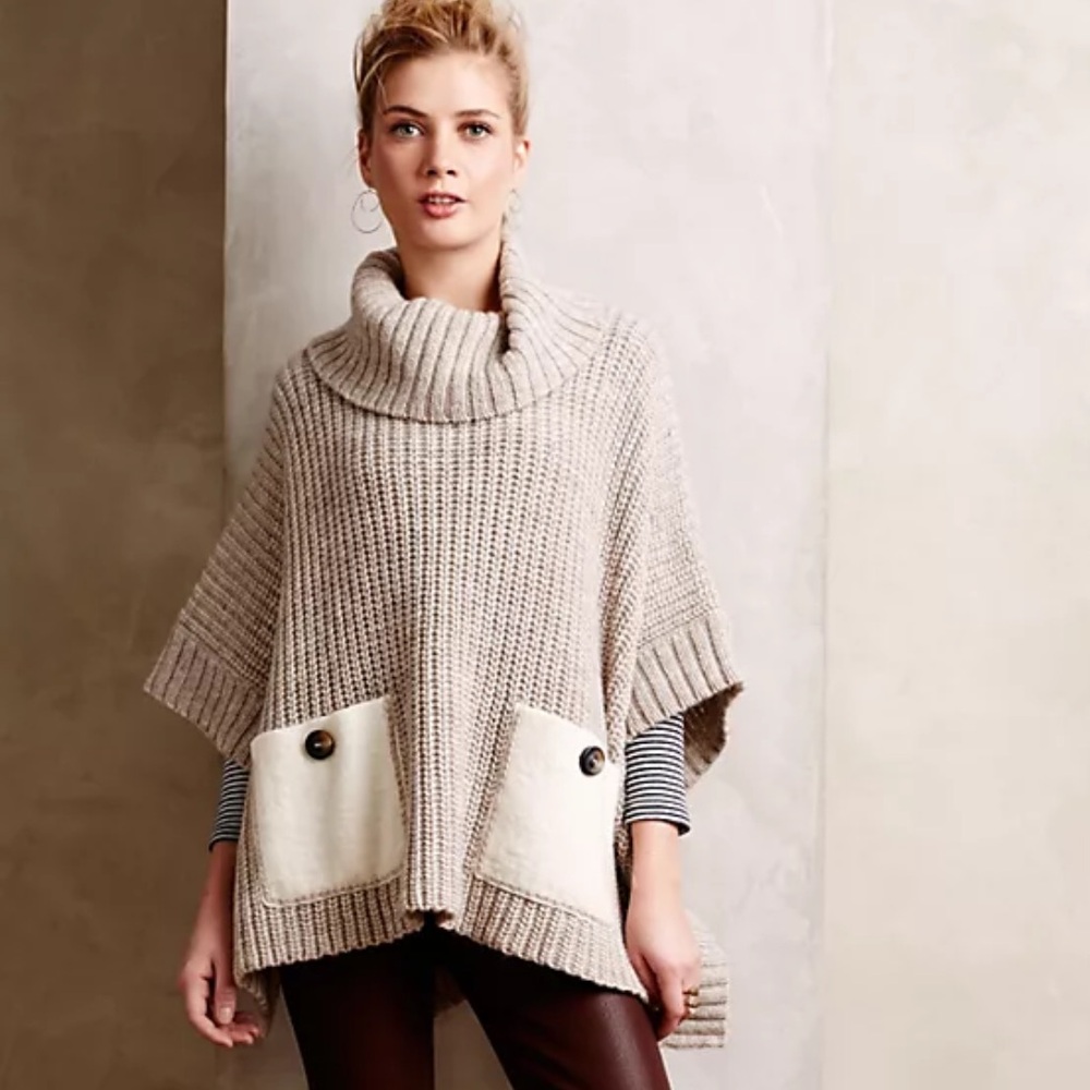 NWT‎ Anthropologie Moth Westwind Wool Blend Turtleneck Ponch Tan One Size PONCHO